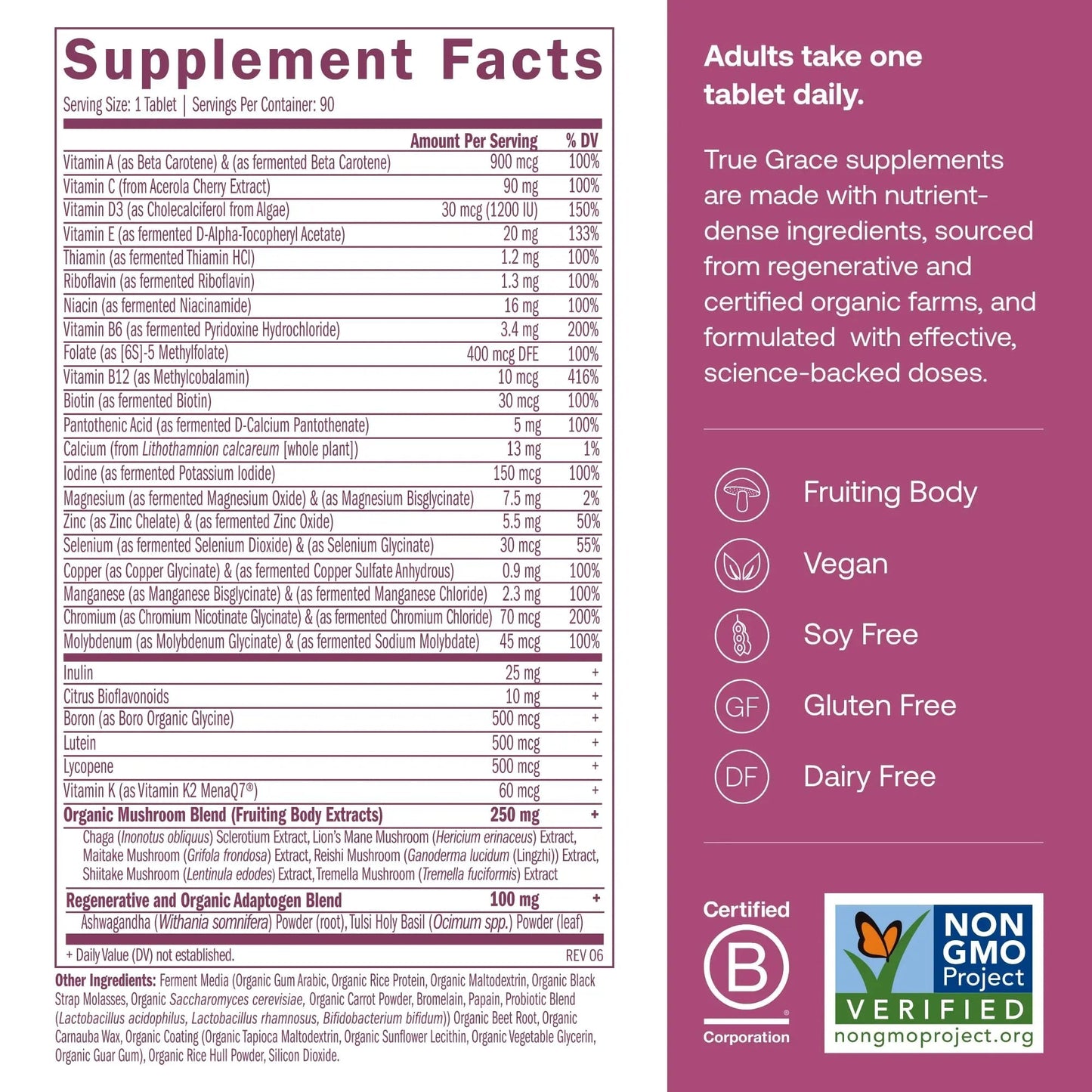 True Grace One Daily Women’s Multivitamin 40+ Fermented Minerals, Organic Adaptogens & Mushrooms Energy, Immune, Bone Support - PrimeBioHealth - canada supplements