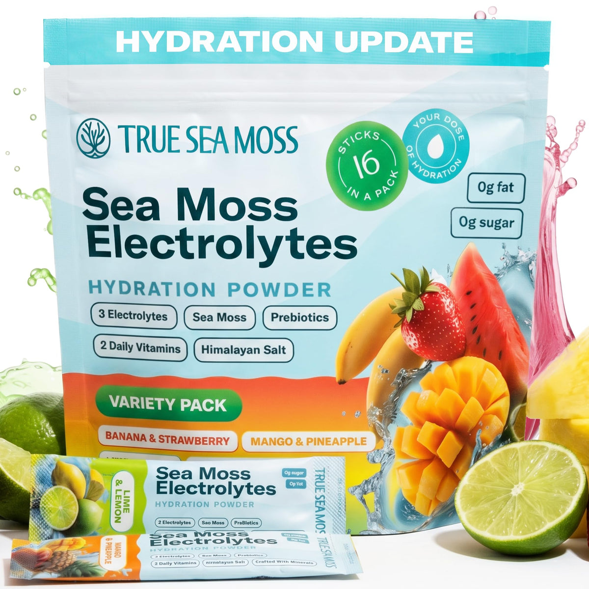 TrueSeaMoss Electrolytes Powder Packets – Made in USA – 16 Stickpacks – Hydration Powder with Sea Moss with Potassium – No Sugar Drinks – Variety Pack - PrimeBioHealth - canada supplements