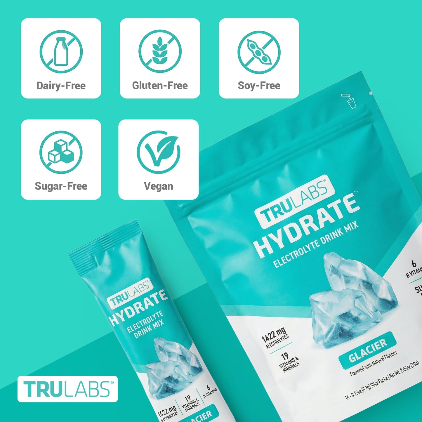 TRULABS Hydrate Electrolyte Drink Mix – Glacier Flavor, Sugar-Free Hydration Packets with 1422 mg Electrolytes & 19 Vitamins & Minerals, Monk Fruit Sweetened, On-the-Go Sticks (16 Count) - PrimeBioHealth - canada supplements