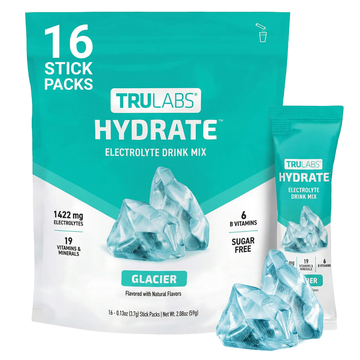 TRULABS Hydrate Electrolyte Drink Mix – Glacier Flavor, Sugar-Free Hydration Packets with 1422 mg Electrolytes & 19 Vitamins & Minerals, Monk Fruit Sweetened, On-the-Go Sticks (16 Count) - PrimeBioHealth - canada supplements