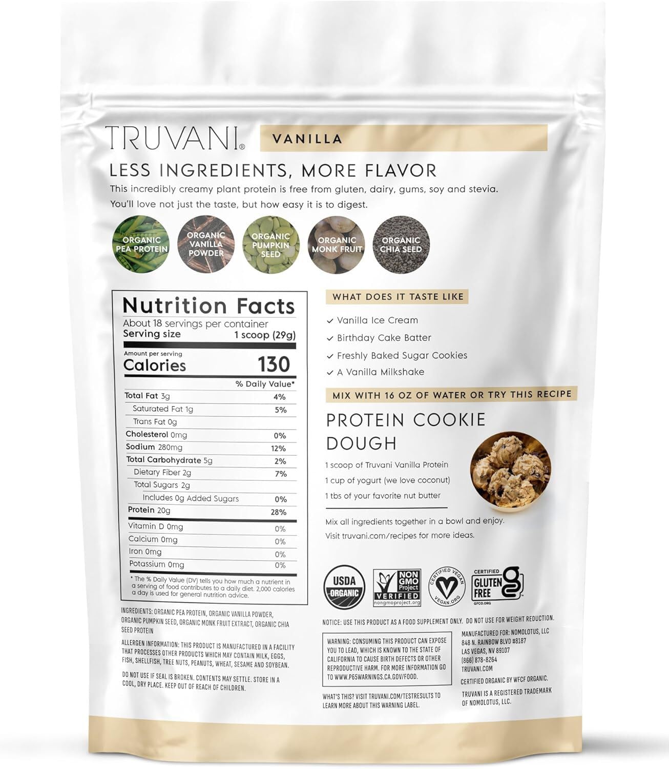 Truvani Organic Plant Based Protein Powder | Vanilla | 20g Pea Protein | 18 Servings | Vegan & Keto | Gluten & Dairy Free | Low Carb | No Added Sugar - PrimeBioHealth - canada supplements