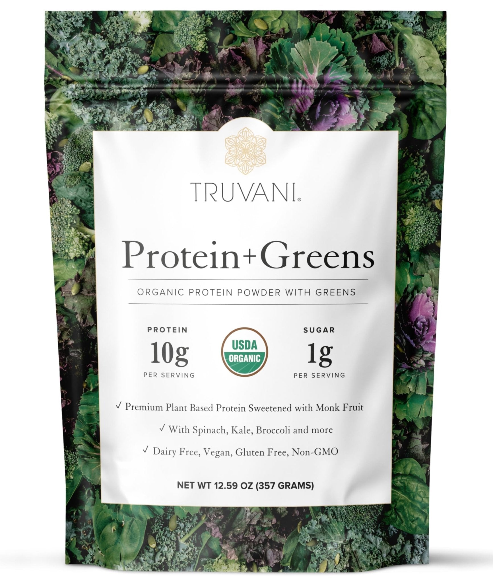 Truvani Protein + Greens Supplement | Spinach, Kale & Broccoli | 10g Organic Plant Based Protein | 20 Servings | USDA Organic | Gluten & Dairy Free - PrimeBioHealth - canada supplements