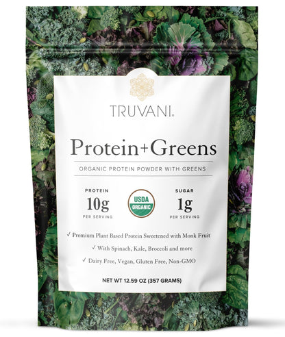 Truvani Protein + Greens Supplement | Spinach, Kale & Broccoli | 10g Organic Plant Based Protein | 20 Servings | USDA Organic | Gluten & Dairy Free - PrimeBioHealth - canada supplements