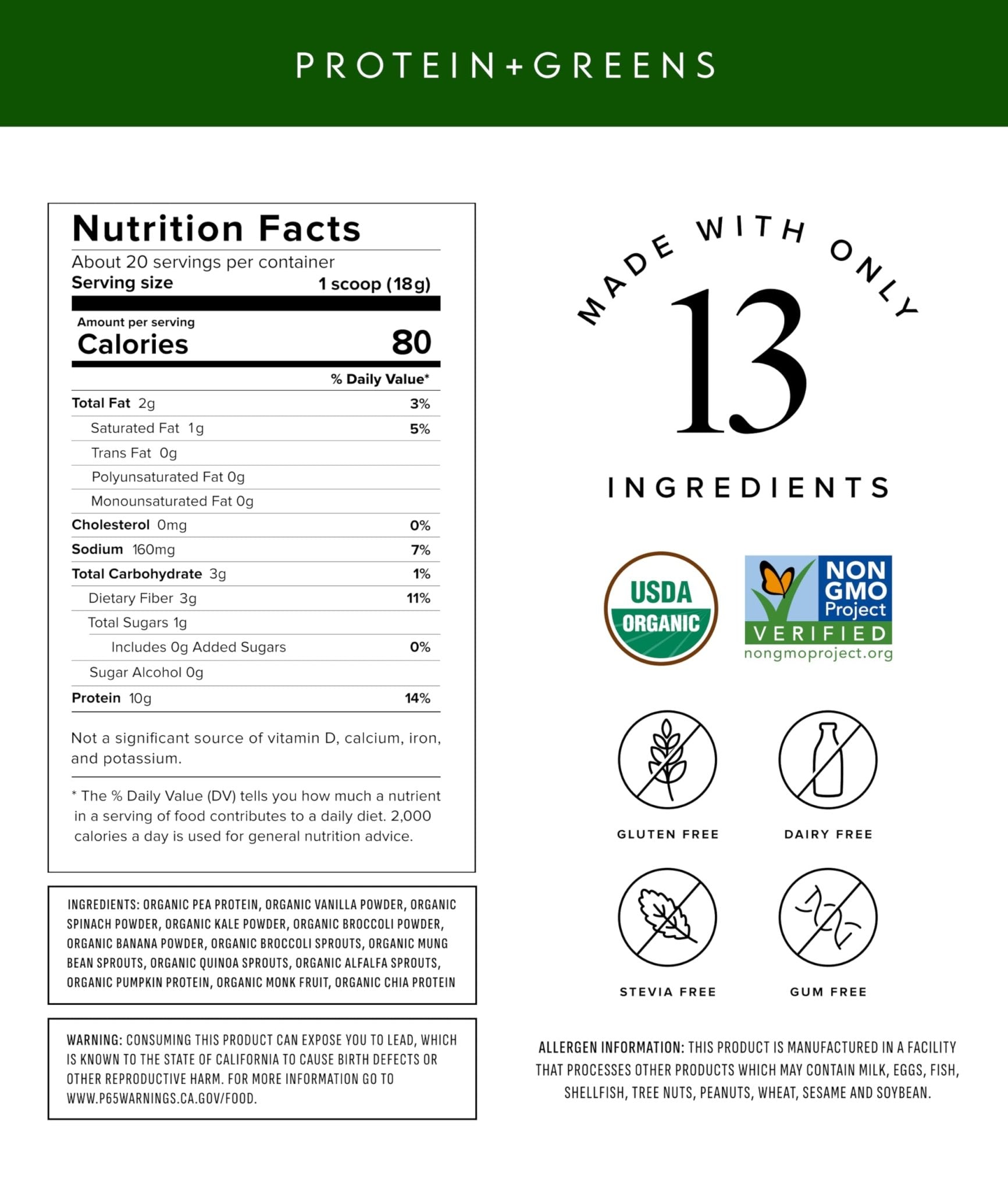 Truvani Protein + Greens Supplement | Spinach, Kale & Broccoli | 10g Organic Plant Based Protein | 20 Servings | USDA Organic | Gluten & Dairy Free - PrimeBioHealth - canada supplements