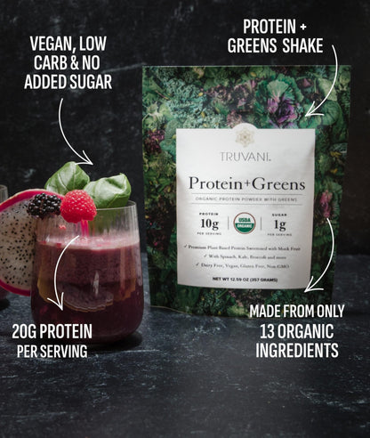 Truvani Protein + Greens Supplement | Spinach, Kale & Broccoli | 10g Organic Plant Based Protein | 20 Servings | USDA Organic | Gluten & Dairy Free - PrimeBioHealth - canada supplements