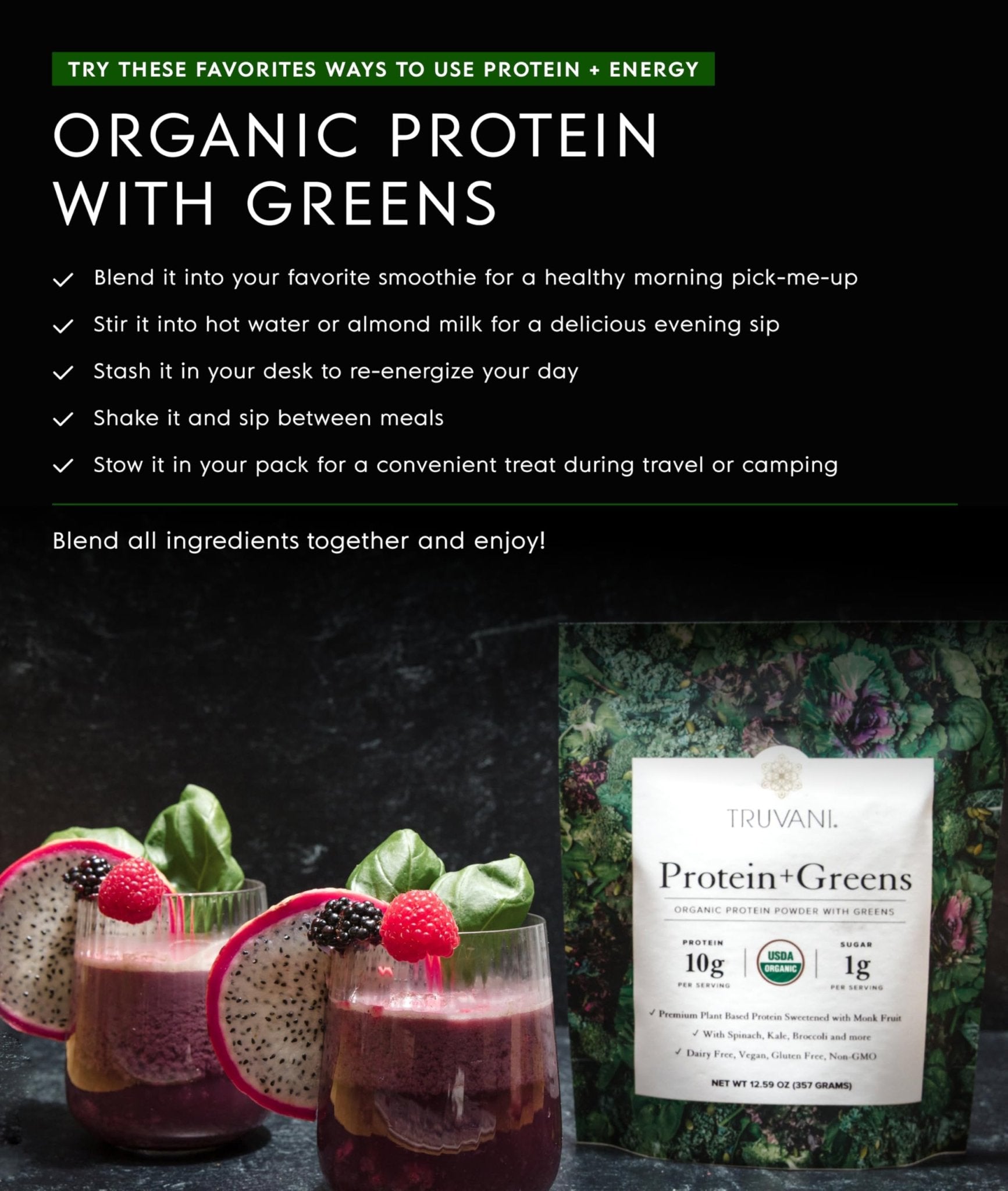Truvani Protein + Greens Supplement | Spinach, Kale & Broccoli | 10g Organic Plant Based Protein | 20 Servings | USDA Organic | Gluten & Dairy Free - PrimeBioHealth - canada supplements
