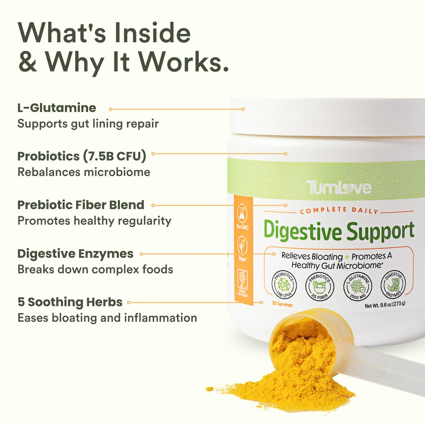 TumLove IBS Relief & Digestive Support Powder – Low FODMAP Certified, Probiotics, Prebiotics, Digestive Enzymes, L-Glutamine & 5 Soothing Herbs - PrimeBioHealth - canada supplements