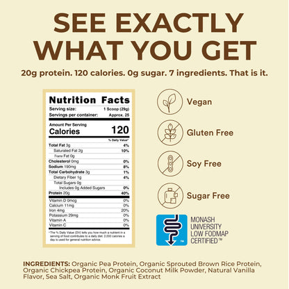 TumLove Vegan Protein Powder - Low FODMAP Certified, Gluten-Free, Dairy-Free, Soy-Free, 100% Gut-Friendly & Non-Bloating, Vanilla (25 Servings) - PrimeBioHealth - canada supplements