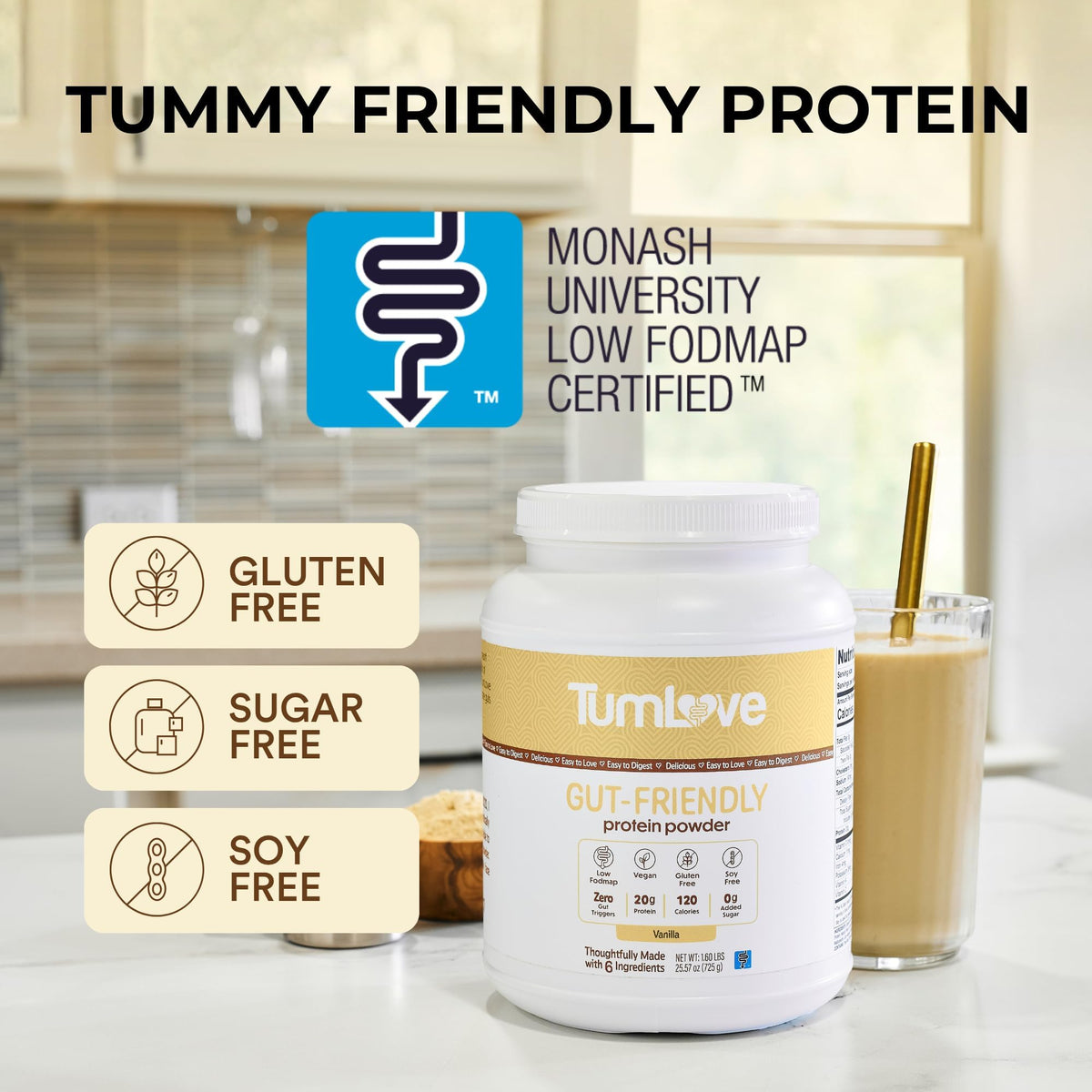 TumLove Vegan Protein Powder - Low FODMAP Certified, Gluten-Free, Dairy-Free, Soy-Free, 100% Gut-Friendly & Non-Bloating, Vanilla (25 Servings) - PrimeBioHealth - canada supplements