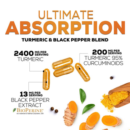 Turmeric Curcumin Supplement - 2400mg Organic Turmeric Per Serving - 95% Curcuminoids & BioPerine Black Pepper Extract for Best Absorption - Natural Vegan Joint Support - PrimeBioHealth - canada supplements