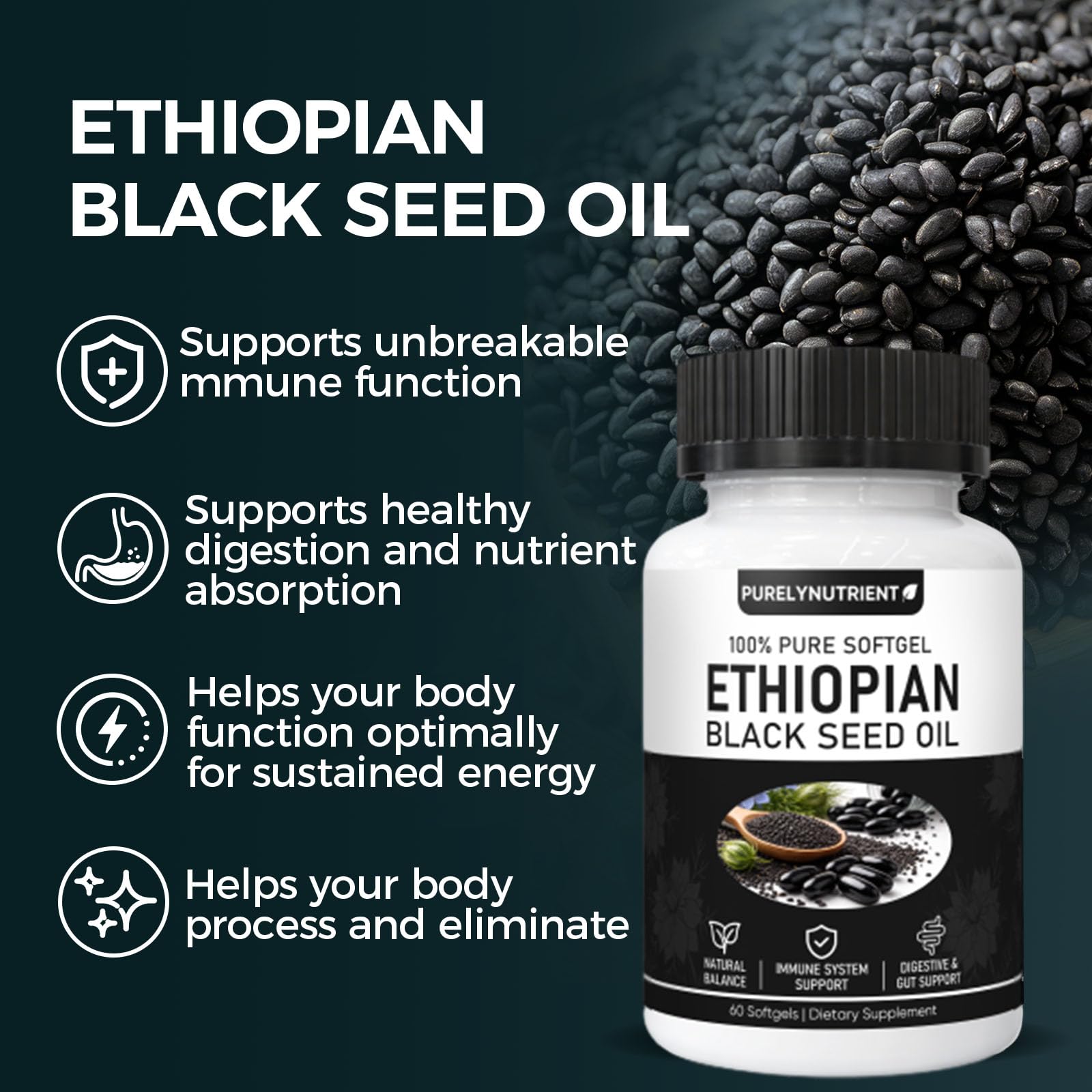 TUVAAZ PURELYNUTRIENT Ethiopian Black Seed Oil Capsules with 4.64% Thymoquinone, Immune Support & Digestion & Energy Booster - PrimeBioHealth - canada supplements