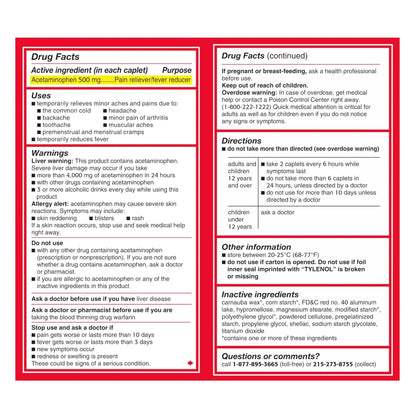 Tylenol Extra Strength Pain Relief Pills, Fast, Strong Pain Relief, Acetaminophen 500 mg Caplets, Pain Reliever & Fever Reducer Medicine for Headache, Backache, Toothache & Minor Arthritis, 100 Count - PrimeBioHealth - canada supplements