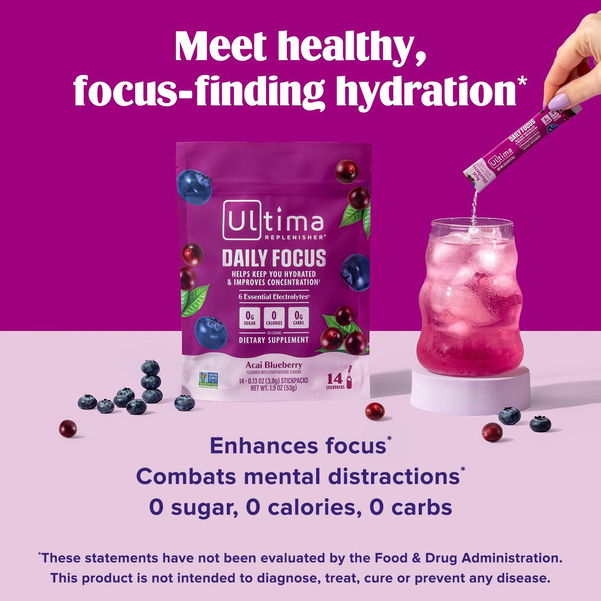 Ultima Replenisher Daily Focus Supplement & Electrolytes Powder - Acai Blueberry, 14 Stickpacks - Hydration Packets, 60mg Caffeine from Green Tea Extract & L-Theanine - PrimeBioHealth - canada supplements