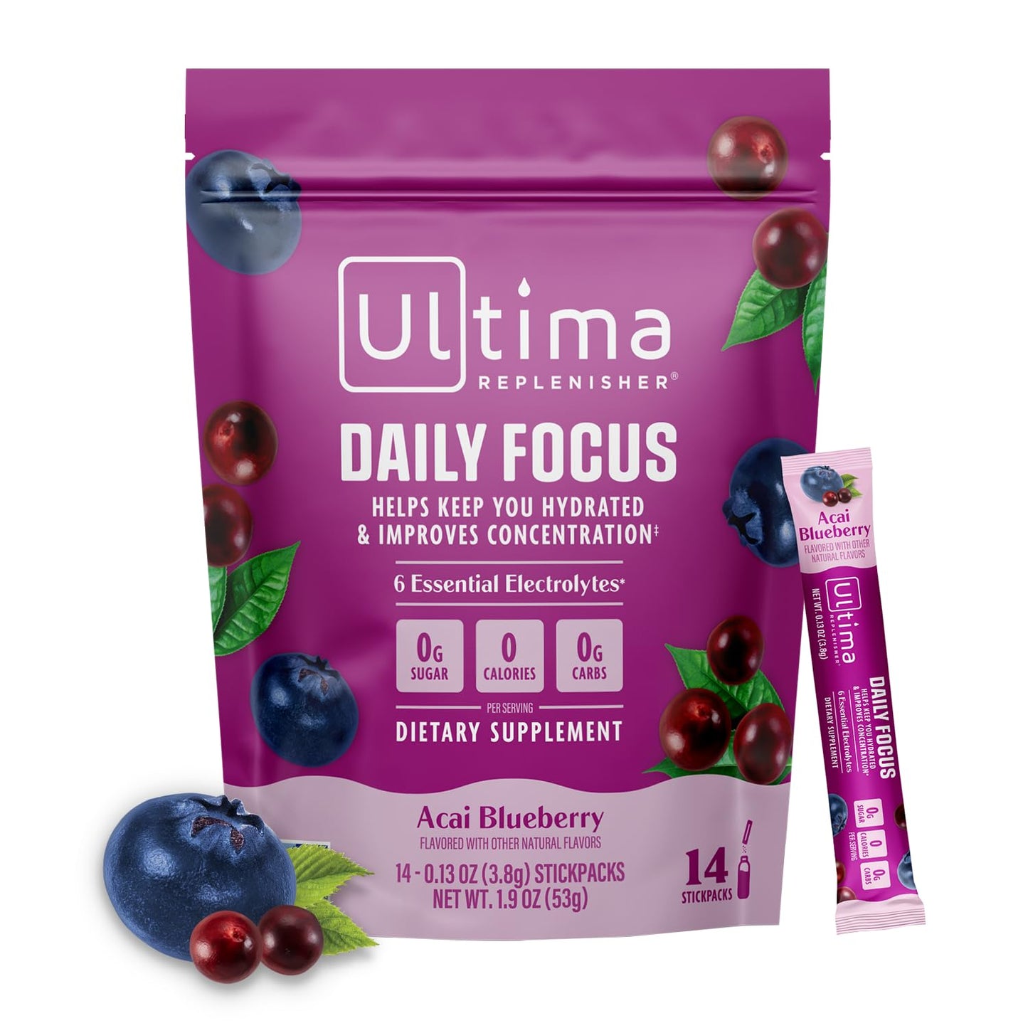 Ultima Replenisher Daily Focus Supplement & Electrolytes Powder - Acai Blueberry, 14 Stickpacks - Hydration Packets, 60mg Caffeine from Green Tea Extract & L-Theanine - PrimeBioHealth - canada supplements