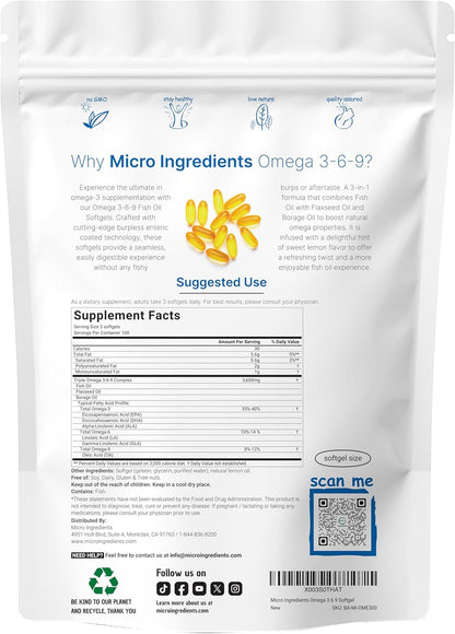 Ultra Omega 3-6-9 3600mg Per Serving, 300 Burpless Softgels | Lemon Flavor – Blend of Fish, Flaxseed, Borage Oils | Bioavailable Source, Non-GMO, No Gluten, Mercury Free - PrimeBioHealth - canada supplements
