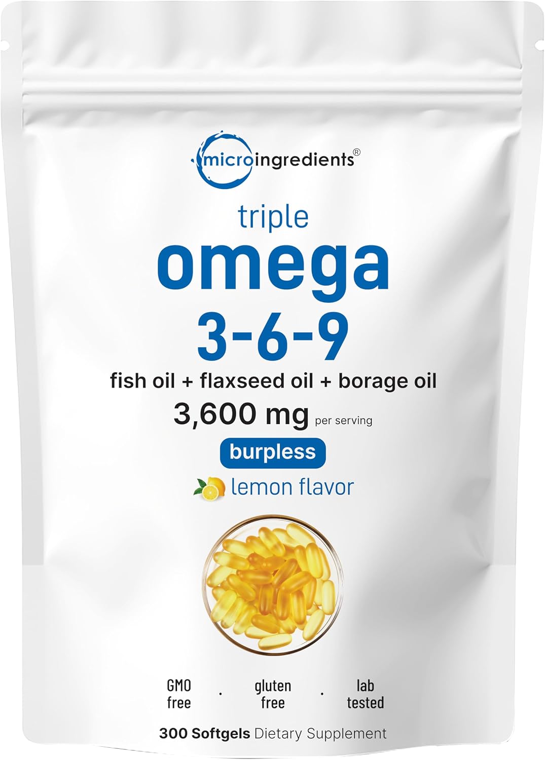 Ultra Omega 3-6-9 3600mg Per Serving, 300 Burpless Softgels | Lemon Flavor – Blend of Fish, Flaxseed, Borage Oils | Bioavailable Source, Non-GMO, No Gluten, Mercury Free - PrimeBioHealth - canada supplements