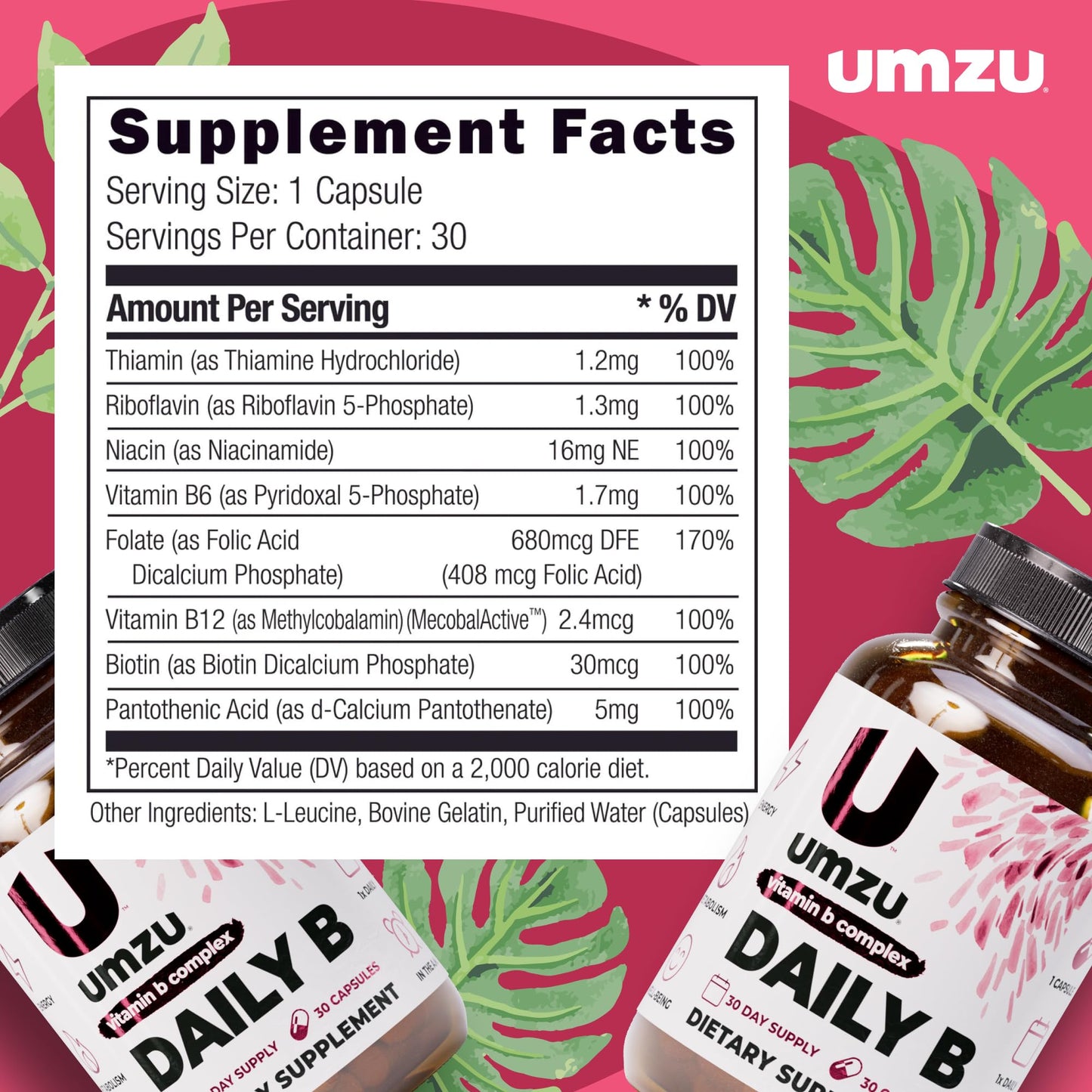 UMZU Daily B, 30 Day Supply – Complete Vitamin B Complex Supplement Blend with B1, B2, B3, B5, B6, B7, B9 & B12 Plus Folic Acid & Biotin – Supports Energy, Focus, Mood, - PrimeBioHealth - canada supplements