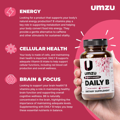 UMZU Daily B, 30 Day Supply – Complete Vitamin B Complex Supplement Blend with B1, B2, B3, B5, B6, B7, B9 & B12 Plus Folic Acid & Biotin – Supports Energy, Focus, Mood, - PrimeBioHealth - canada supplements
