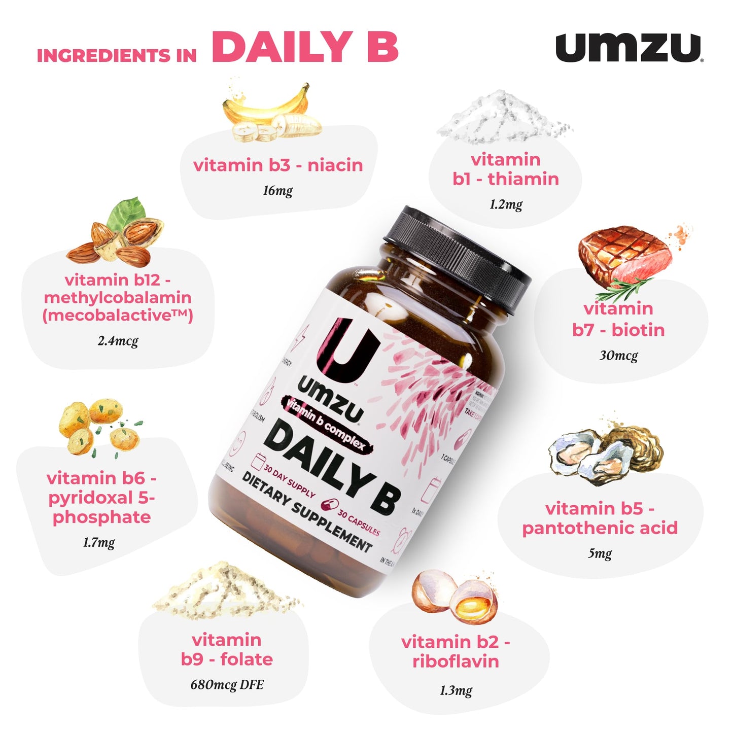 UMZU Daily B, 30 Day Supply – Complete Vitamin B Complex Supplement Blend with B1, B2, B3, B5, B6, B7, B9 & B12 Plus Folic Acid & Biotin – Supports Energy, Focus, Mood, - PrimeBioHealth - canada supplements