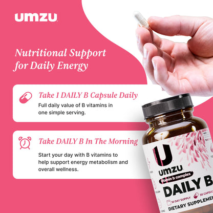 UMZU Daily B, 30 Day Supply – Complete Vitamin B Complex Supplement Blend with B1, B2, B3, B5, B6, B7, B9 & B12 Plus Folic Acid & Biotin – Supports Energy, Focus, Mood, - PrimeBioHealth - canada supplements