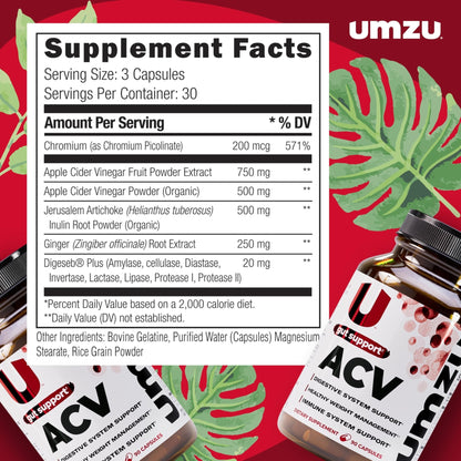UMZU zuACV Apple Cider Vinegar + Prebiotics Supplement, (30 Day Supply) – ACV & Inulin Fiber Blend – Gut Health Support with ACV Capsules - PrimeBioHealth - canada supplements