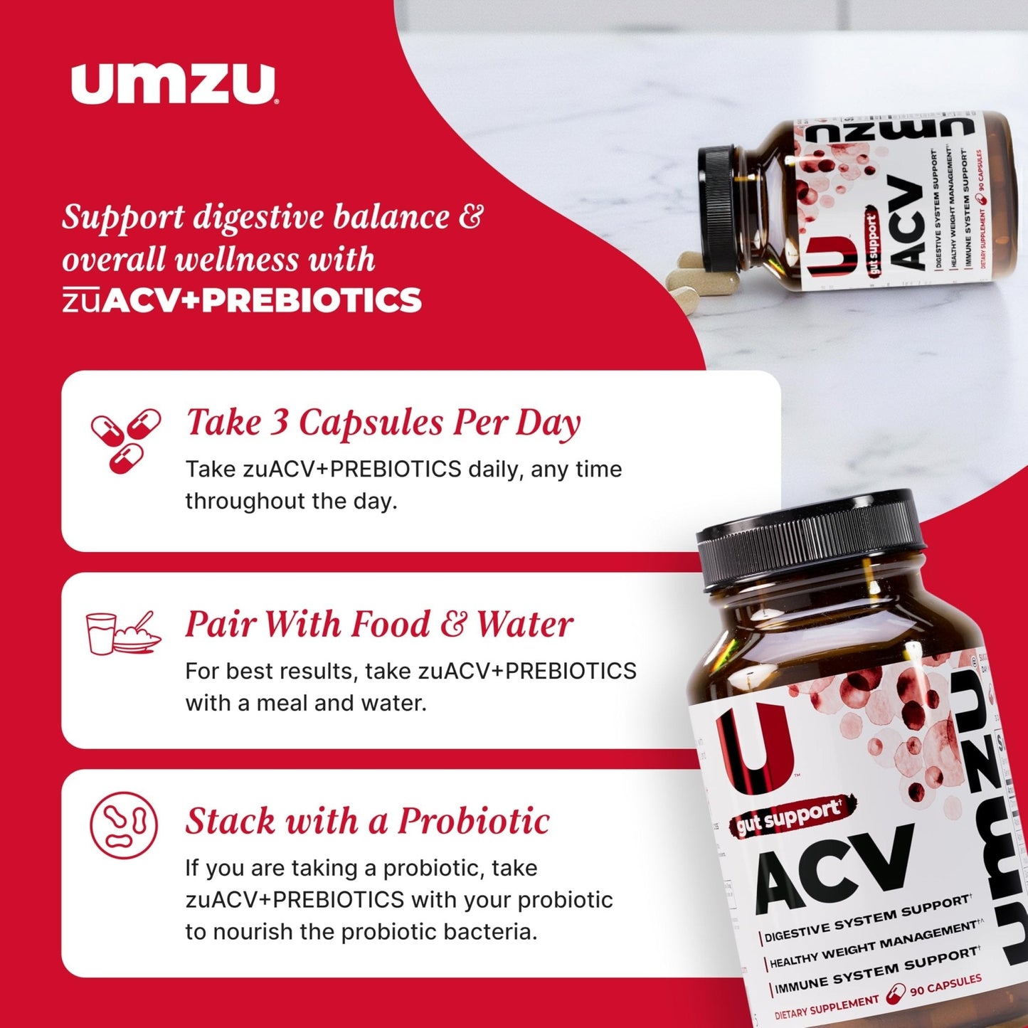 UMZU zuACV Apple Cider Vinegar + Prebiotics Supplement, (30 Day Supply) – ACV & Inulin Fiber Blend – Gut Health Support with ACV Capsules - PrimeBioHealth - canada supplements