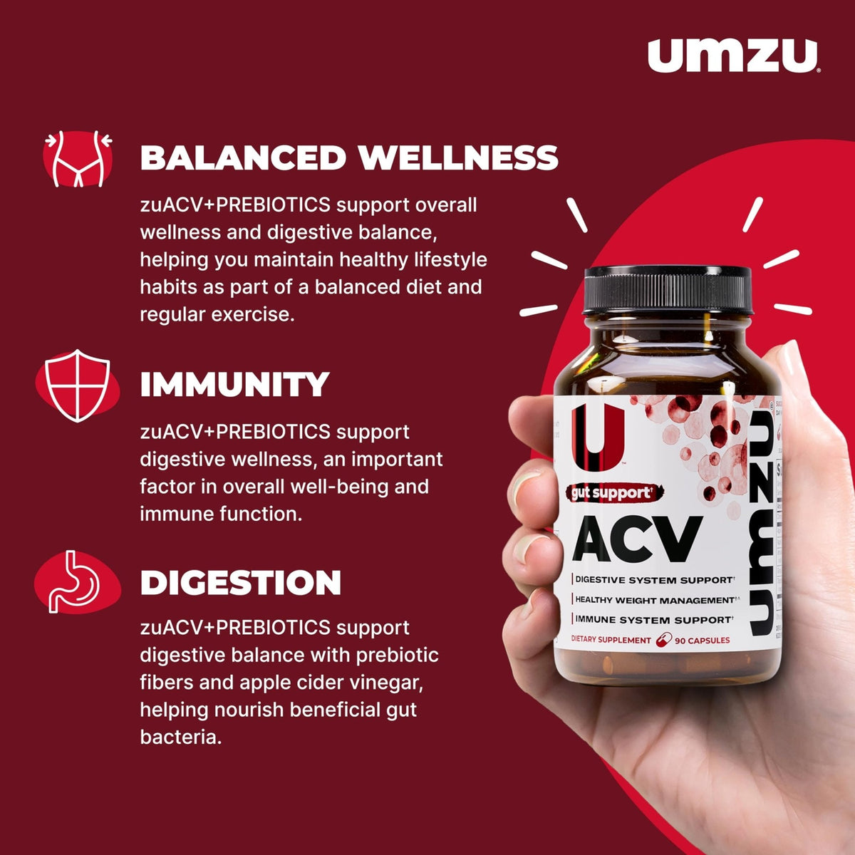 UMZU zuACV Apple Cider Vinegar + Prebiotics Supplement, (30 Day Supply) – ACV & Inulin Fiber Blend – Gut Health Support with ACV Capsules - PrimeBioHealth - canada supplements
