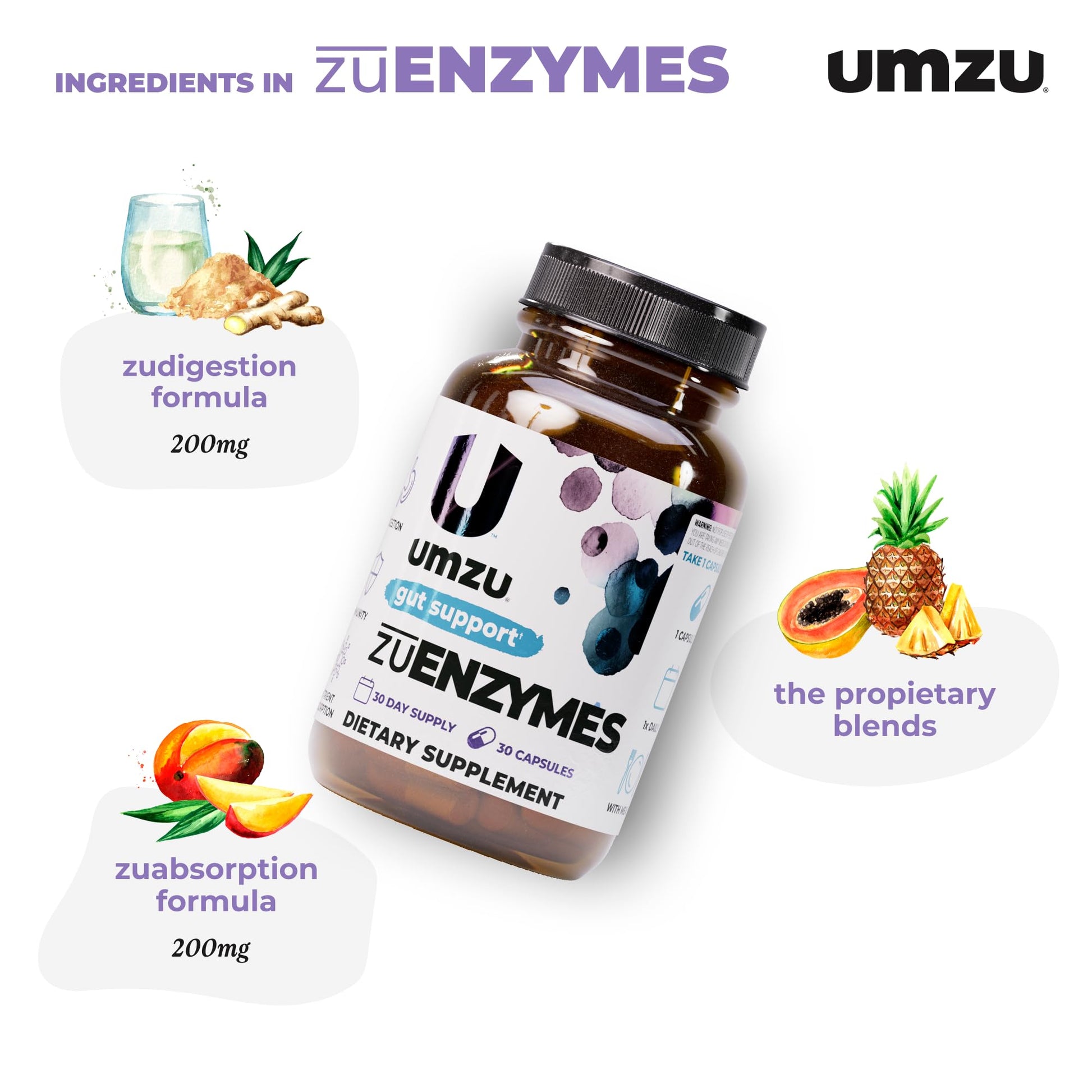 UMZU zuEnzymes Digestive Support Supplement, (30 Day Supply) – 21 Enzyme Blend with Lipase Protease & Amylase – Digestive Enzymes for Gut Health & Probiotic Daily - PrimeBioHealth - canada supplements