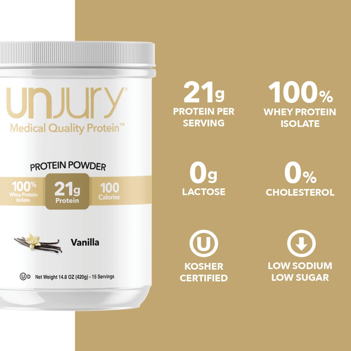 Unjury Whey Protein Powder | Vanilla | 21g 100% Whey Isolate Protein Powder | Low Carb and Lactose Free | Gluten Free | Certified Kosher | 15 Servings - PrimeBioHealth - canada supplements