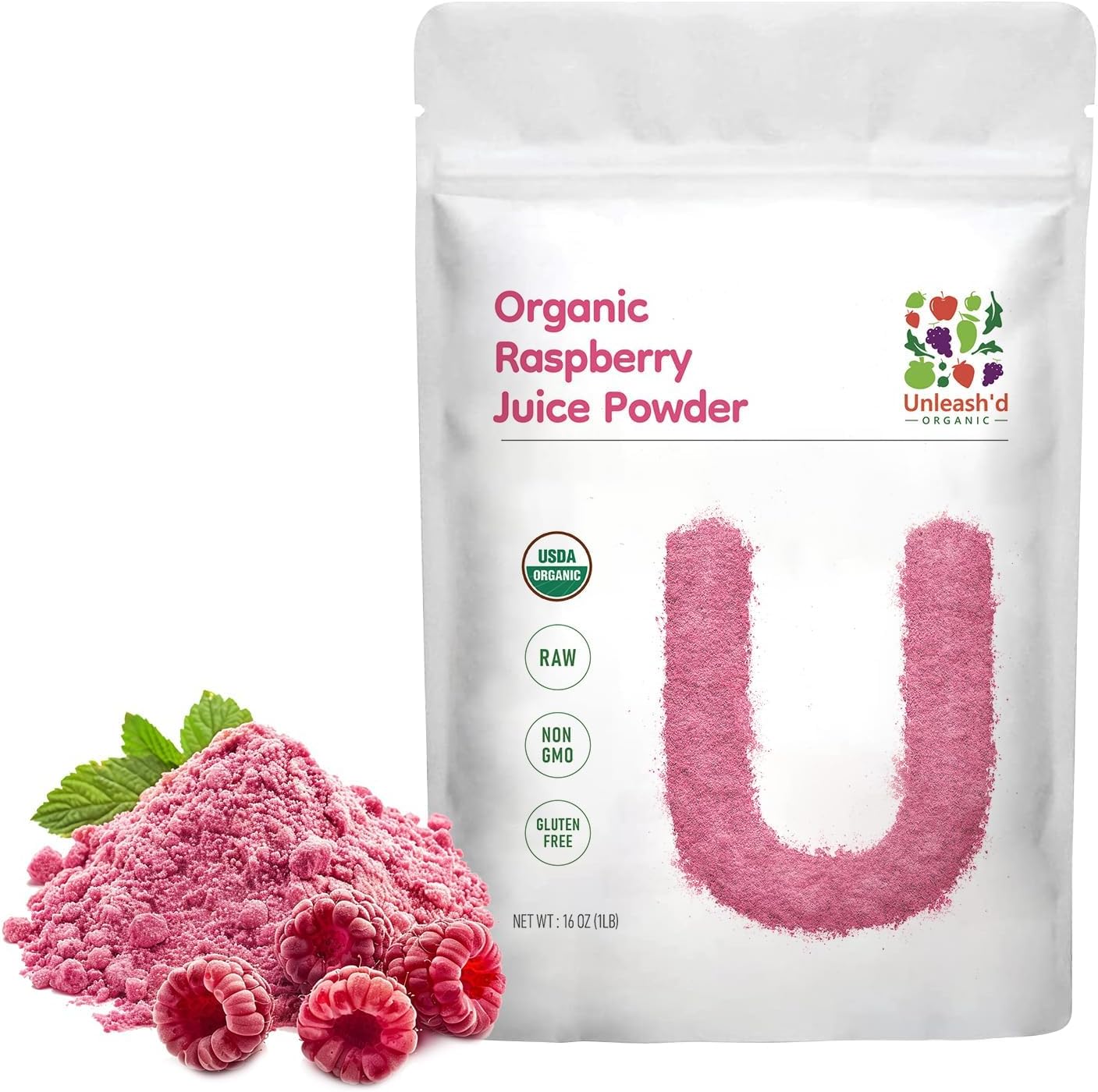 Unleash’d Organic Organic Raspberry Juice Powder 16oz – 100% Pure Superfood, Antioxidant-Rich & Nutrient-Dense - PrimeBioHealth - canada supplements