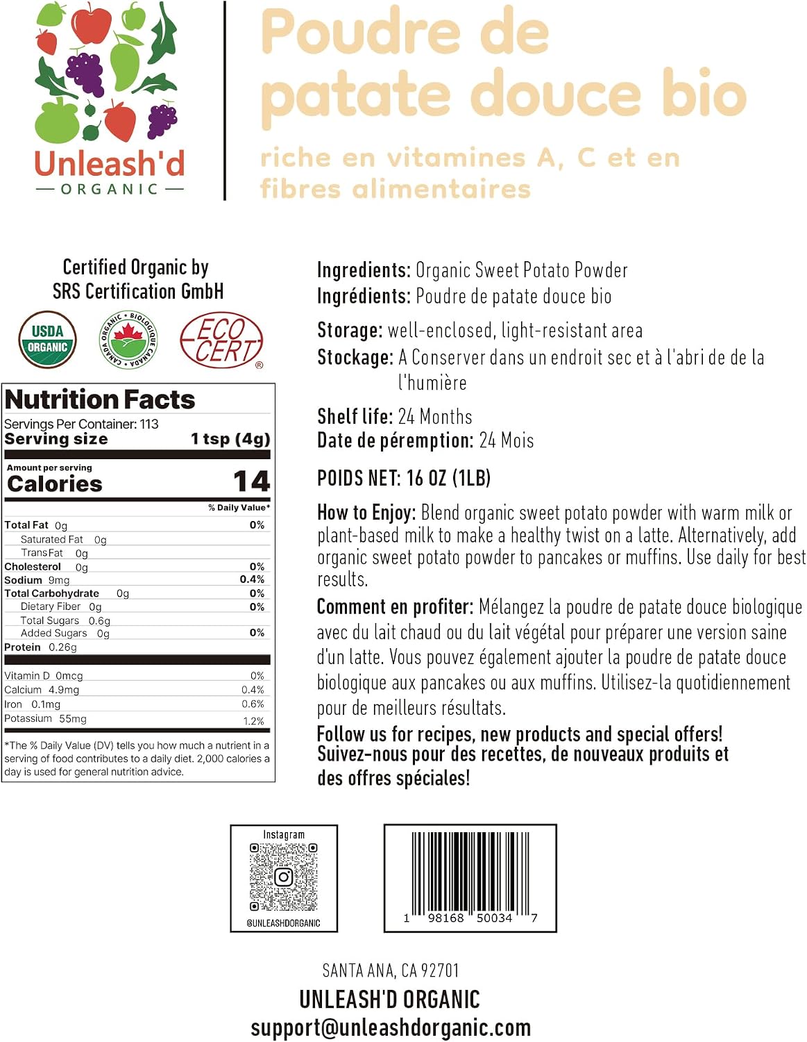 Unleash’d Organic Organic Sweet Potato Powder 16oz – 100% Pure Superfood, Rich in Antioxidants & Vitamins, Supports Immunity & Digestive Health - PrimeBioHealth - canada supplements