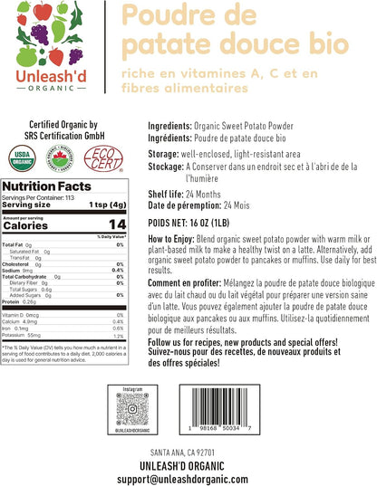 Unleash’d Organic Organic Sweet Potato Powder 16oz – 100% Pure Superfood, Rich in Antioxidants & Vitamins, Supports Immunity & Digestive Health - PrimeBioHealth - canada supplements