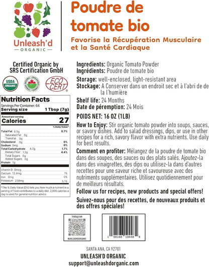 UNLEASH'D ORGANIC Organic Tomato Powder 16oz – 100% Pure Tomato Powder, USDA Organic, No Additives, for Smoothies, Soups, Sauces, Salads & Cooking - PrimeBioHealth - canada supplements