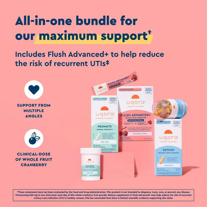 Uqora Flush Advanced+ Regimen with Flush Advanced+ - Cranberry to Reduce Risk of Recurrent UTI** - Defend & Promote - D-Mannose, Vitamin C, Green Tea Extract & Probiotics - 3-Part Bundle - PrimeBioHealth - canada supplements