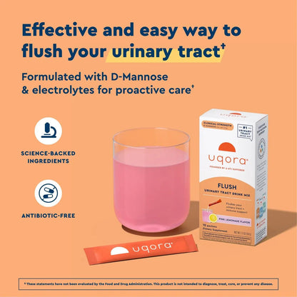 Uqora Flush - Urinary Tract* with D-Mannose, Vitamin C, Vitamin B6, Potassium, Magnesium & Calcium - Gluten-Free & Vegan - Pink Lemonade Flavor - 10 Packets (1 Pack) - PrimeBioHealth - canada supplements