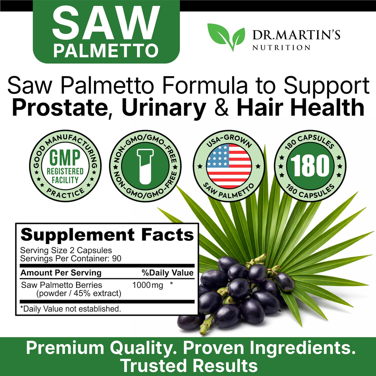 USA Grown Saw Palmetto | 180 Capsules Prostate Health Supplement | Hair Growth for Men & Women | Support to Help Maintain Normal Urination Frequency - PrimeBioHealth - canada supplements