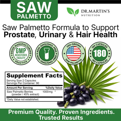 USA Grown Saw Palmetto | 180 Capsules Prostate Health Supplement | Hair Growth for Men & Women | Support to Help Maintain Normal Urination Frequency - PrimeBioHealth - canada supplements