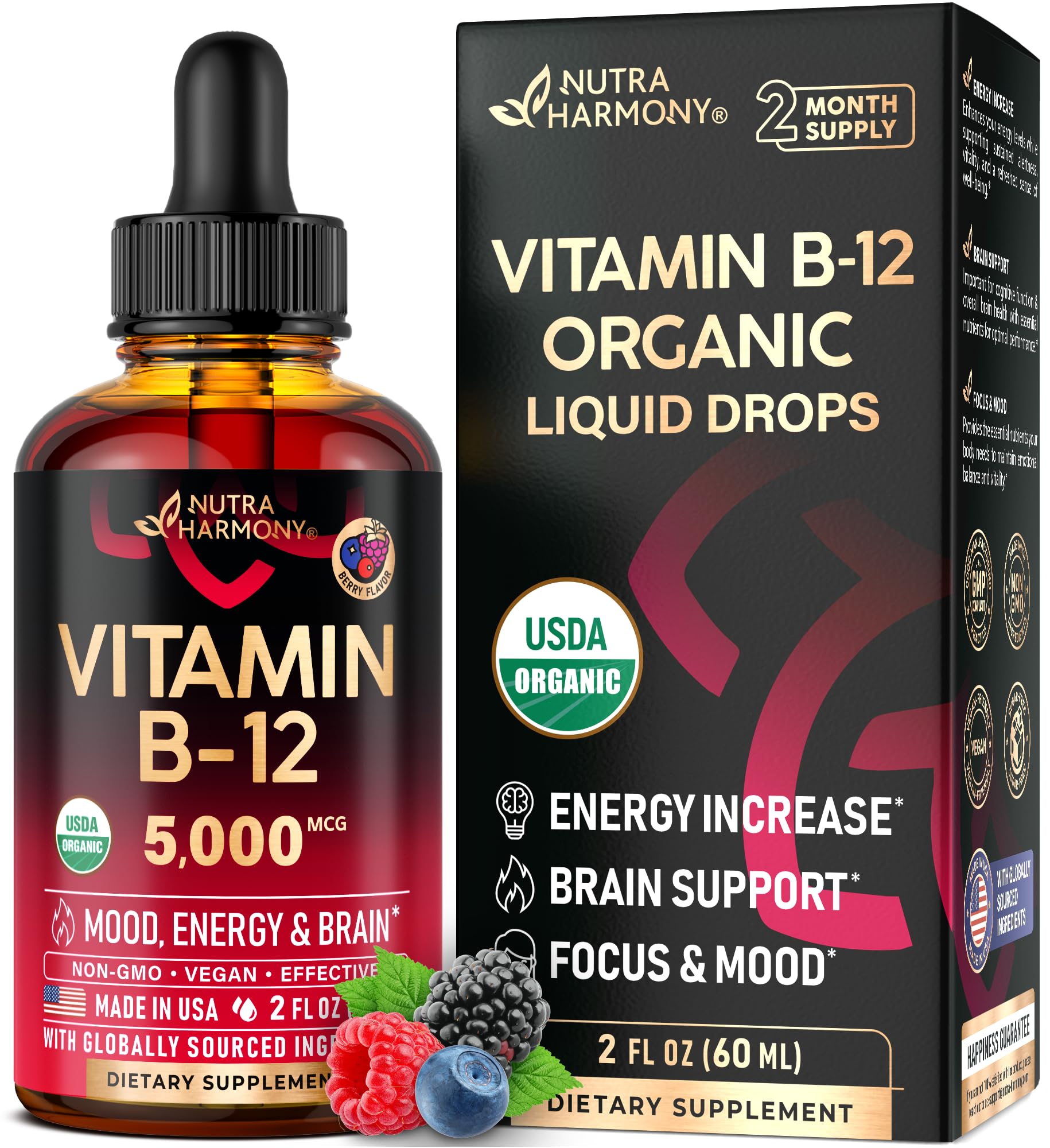 USDA Organic Vitamin B12 Sublingual Drops - 5000 mcg Liquid Vegan Methylcobalamin for Women & Men - Energy Boost, Focus & Mood, Brain Health Support - PrimeBioHealth - canada supplements