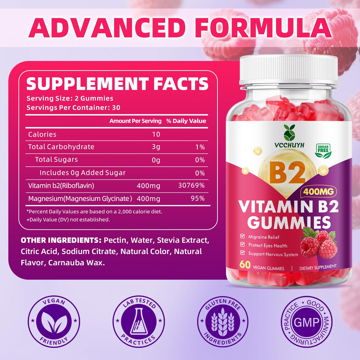 VCCHUYH Vitamin B2 Gummies for Kids & Adults, VIT B2 Riboflavin 400mg Supplement with Magnesium for Migraine Relief & Nervous System Support, Non-GMO, - PrimeBioHealth - canada supplements