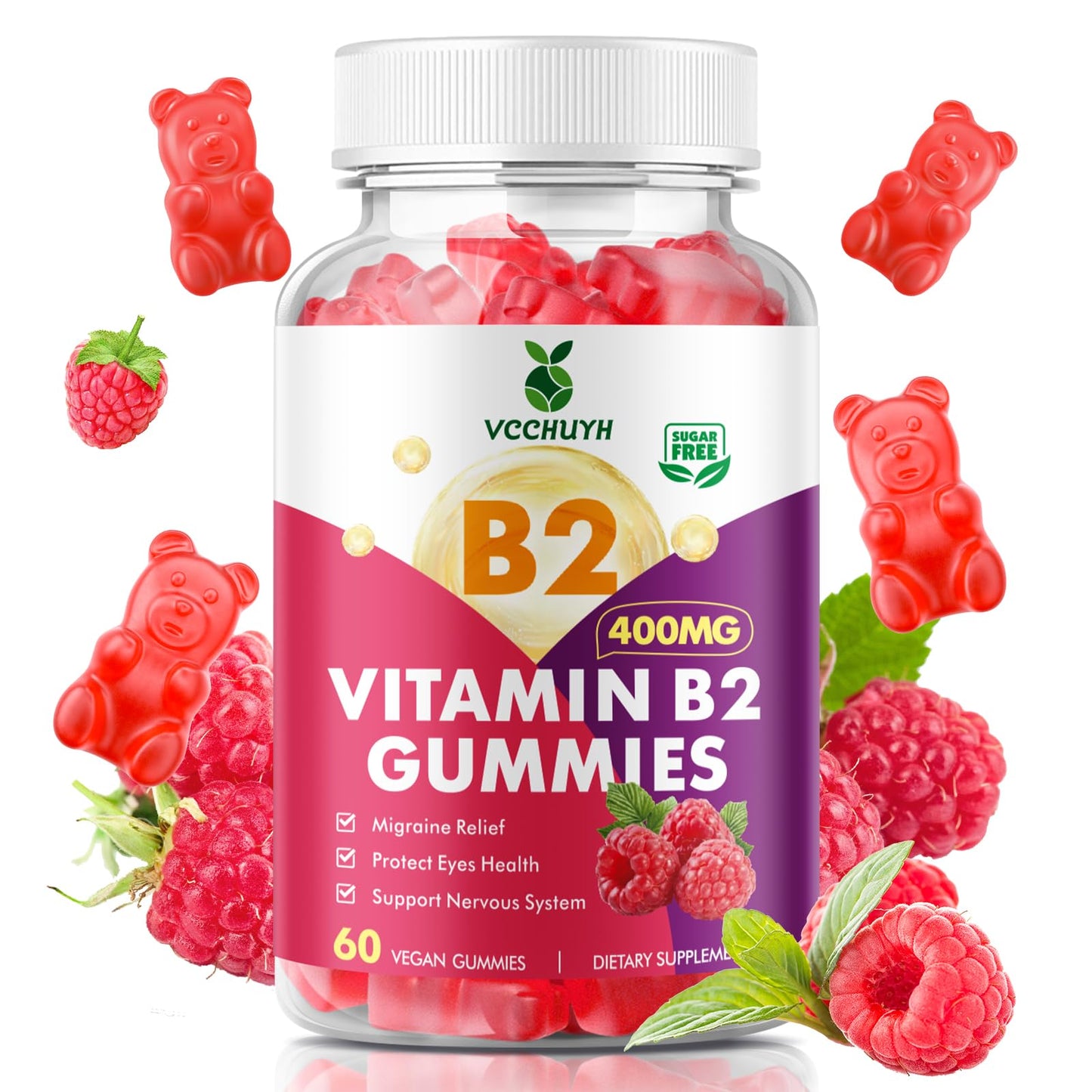 VCCHUYH Vitamin B2 Gummies for Kids & Adults, VIT B2 Riboflavin 400mg Supplement with Magnesium for Migraine Relief & Nervous System Support, Non-GMO, - PrimeBioHealth - canada supplements