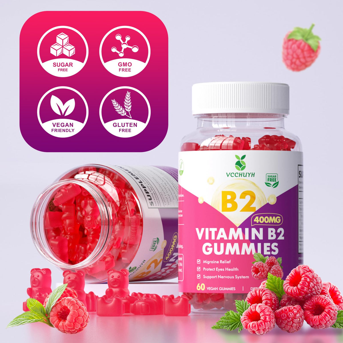 VCCHUYH Vitamin B2 Gummies for Kids & Adults, VIT B2 Riboflavin 400mg Supplement with Magnesium for Migraine Relief & Nervous System Support, Non-GMO - PrimeBioHealth - canada supplements