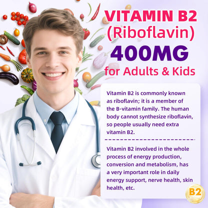 VCCHUYH Vitamin B2 Gummies for Kids & Adults, VIT B2 Riboflavin 400mg Supplement with Magnesium for Migraine Relief & Nervous System Support, Non-GMO, - PrimeBioHealth - canada supplements