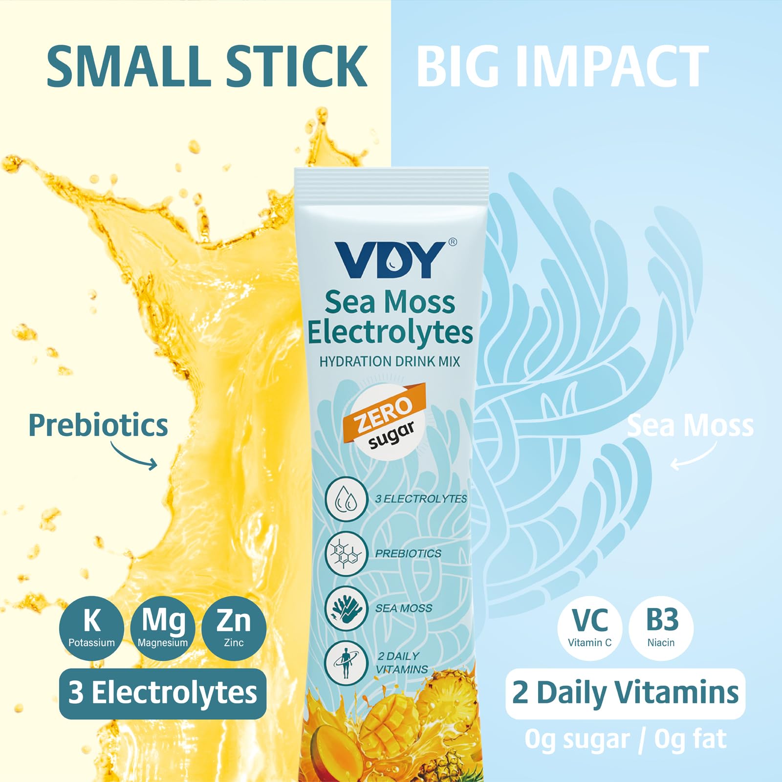 VDY Sea Moss Electrolytes Powder Packets - Hydration Packets Sugar Free - Electrolyte Packets with 30 Sticks - Zero Sugar & 0 Calorie - Keto Friendly - PrimeBioHealth - canada supplements