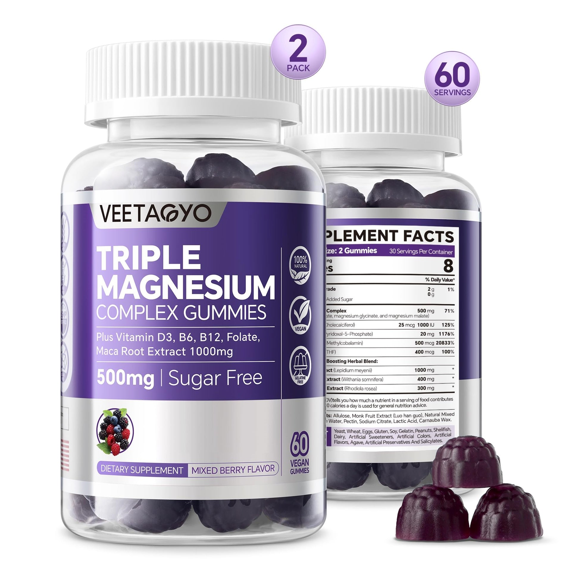 VEETAGYO Magnesium Gummies 500mg 400mg | High Absorption, Bone, Nerves, Muscle | 3 Forms of Magnesium Complex Supplement Glycinate,Taurate,Malate - PrimeBioHealth - canada supplements