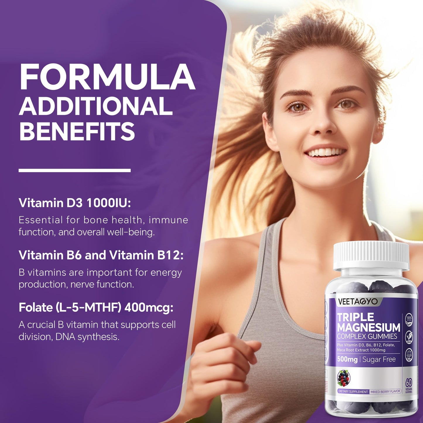 VEETAGYO Magnesium Gummies 500mg 400mg | High Absorption, Bone, Nerves, Muscle | 3 Forms of Magnesium Complex Supplement Glycinate,Taurate,Malate - PrimeBioHealth - canada supplements
