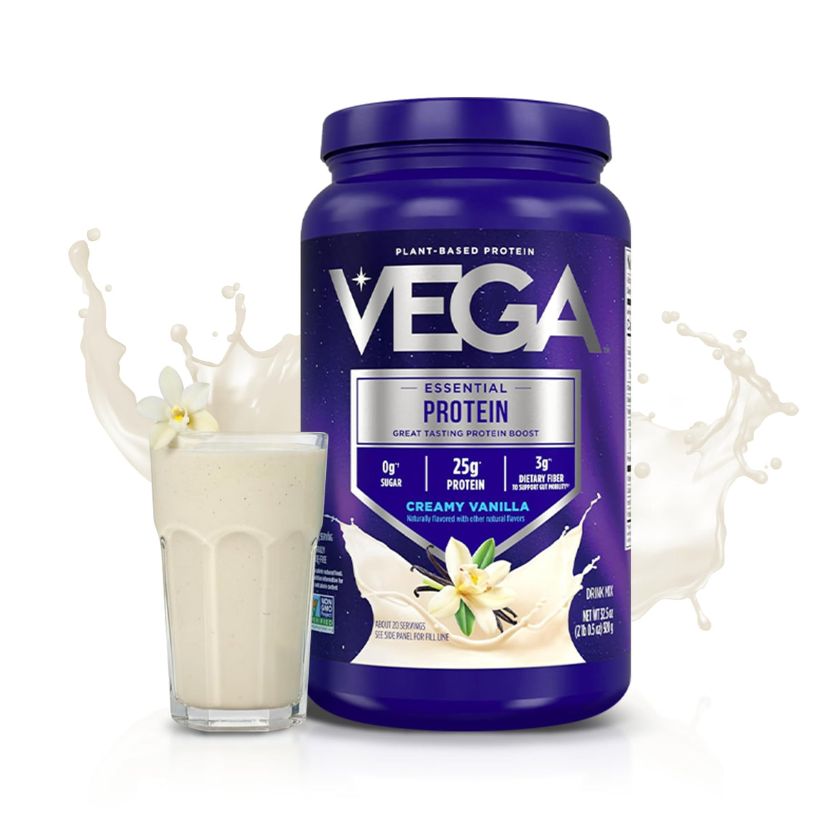 Vega Essential Protein – 25g Plant Based Protein Powder, Creamy Vanilla, Vegan for a Dairy-Free Vanilla Shake – Large Tub, 32.5oz (20 Servings) - PrimeBioHealth - canada supplements