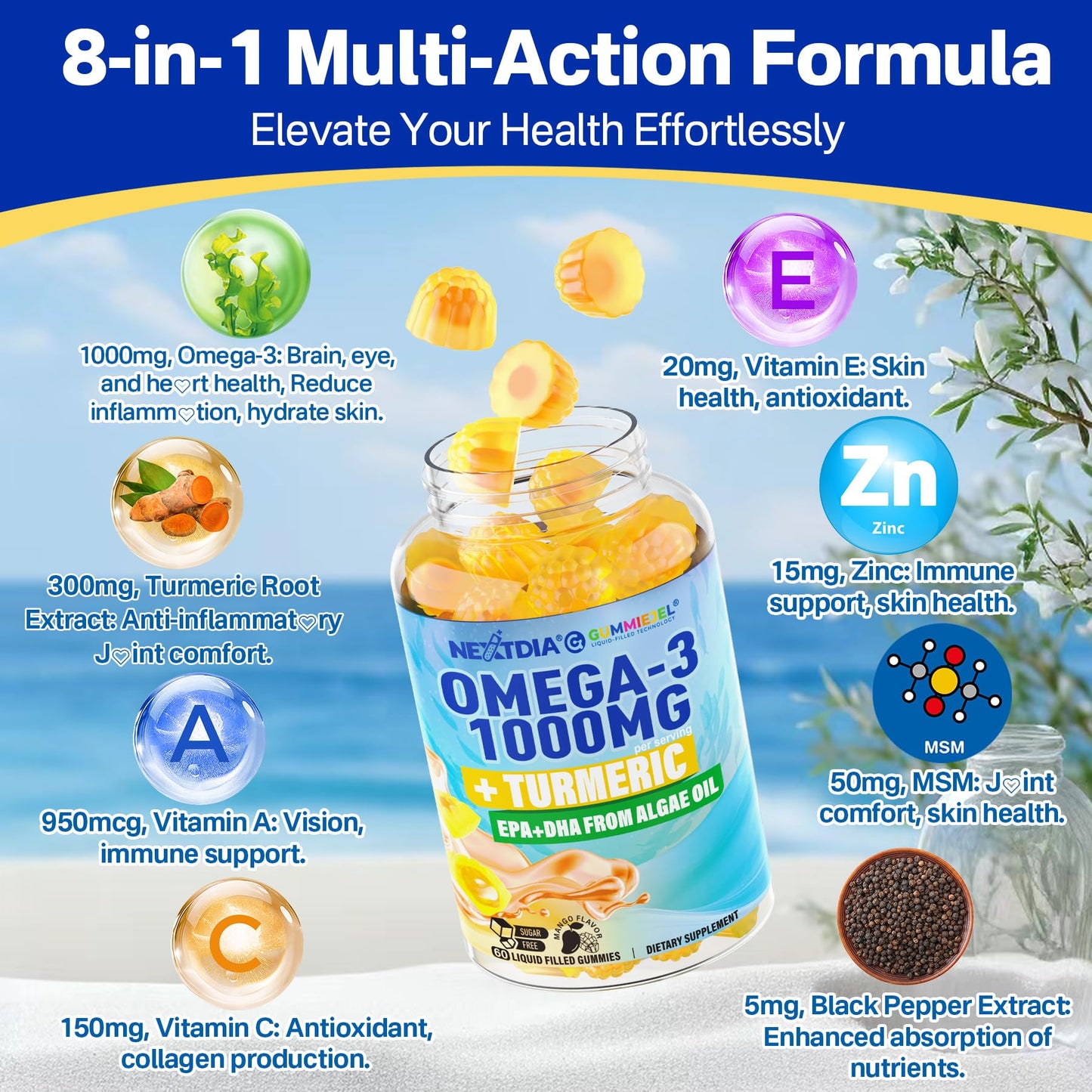 Vegan Omega-3 Gummies 1000mg + Turmeric - Omega 3 Fish Oil Alternative for Adults - Algae DHA 600mg & EPA 300mg - PrimeBioHealth - canada supplements