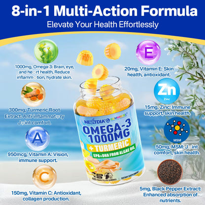 Vegan Omega-3 Gummies 1000mg + Turmeric - Omega 3 Fish Oil Alternative for Adults - Algae DHA 600mg & EPA 300mg - PrimeBioHealth - canada supplements