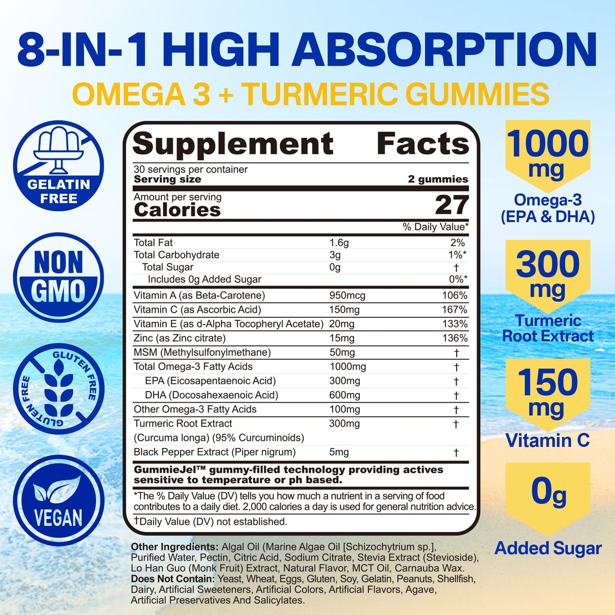 Vegan Omega-3 Gummies 1000mg + Turmeric - Omega 3 Fish Oil Alternative for Adults - Algae DHA 600mg & EPA 300mg - PrimeBioHealth - canada supplements
