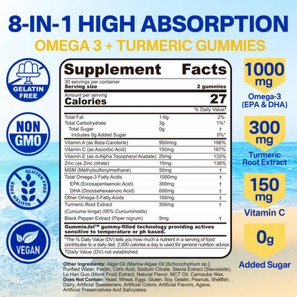 Vegan Omega-3 Gummies 1000mg + Turmeric - Omega 3 Fish Oil Alternative for Adults - Algae DHA 600mg & EPA 300mg - PrimeBioHealth - canada supplements